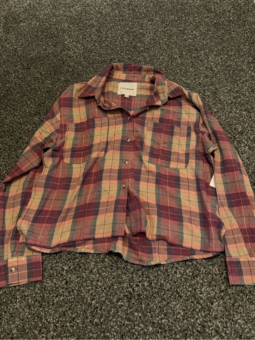 Lucky Brand Men's Plaid Button-Down Shirt in Burgundy, Tan, and Green